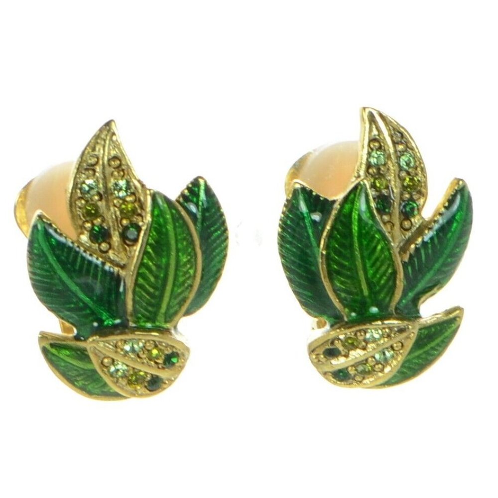 Oscar de la Renta Green Enamel & Crystal Clip-on Earrings